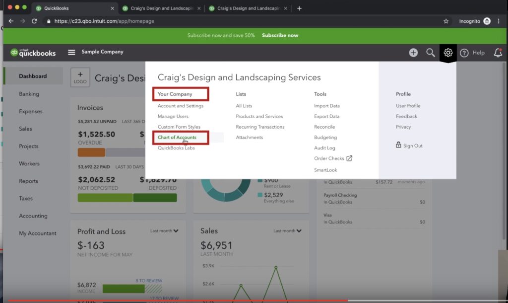 Click the Gear, Your Company Column, Chart of accounts