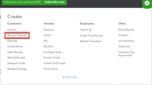 Receive Payment option in QuickBooks Online Quick Create menu