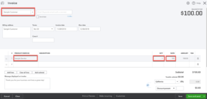 Filling in an invoice in QuickBooks