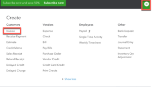 Invoice selected in the Quick Create menu in QuickBooks