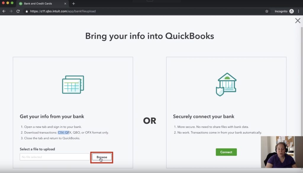 Browse for file or connect your bank.