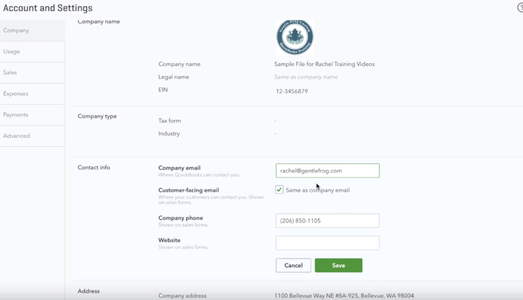 Quickbooks account settings and contact info