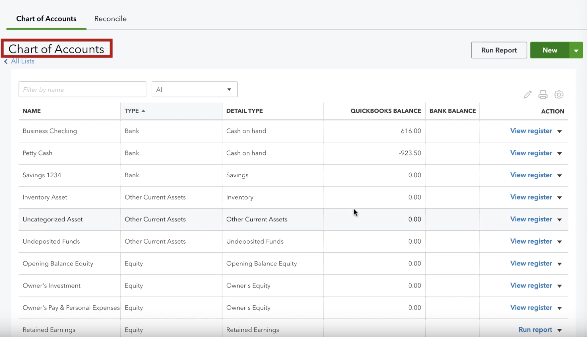 Quickbooks Chart Of Accounts