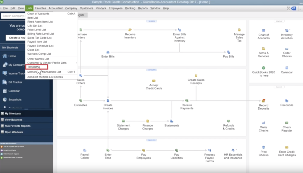 Quickbooks template navigation