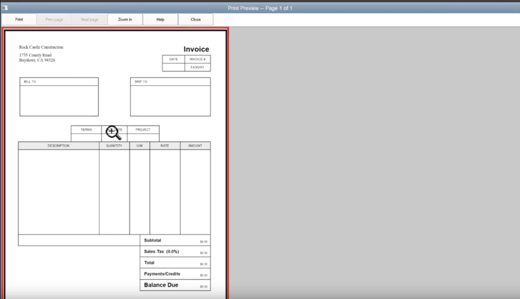 QuickBooks Invoice Template Print Preview