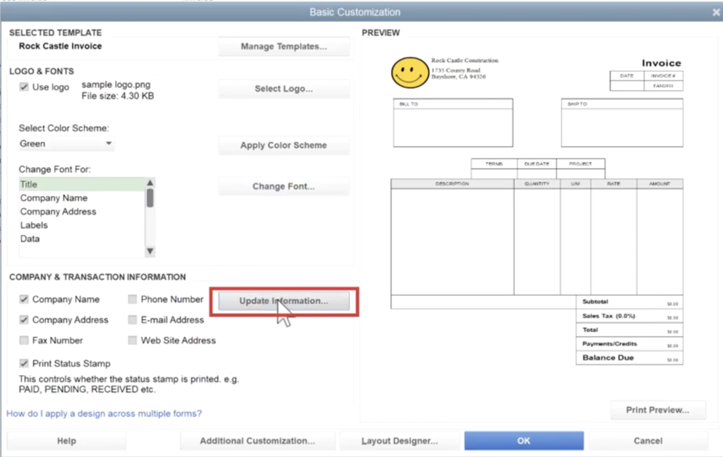 Quickbooks Invoice Template Update Company Information