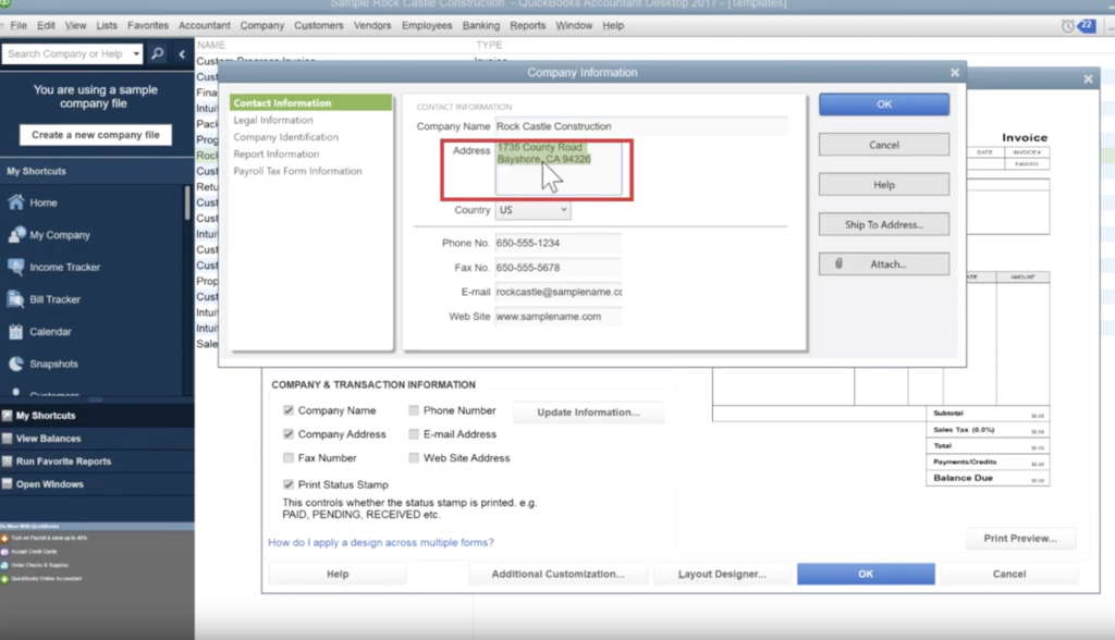 QuickBooks Invoice Template Update Company Address