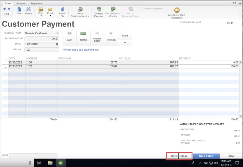 Save and close customer payment