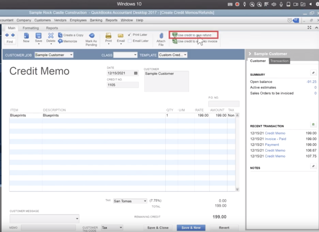 Tell quickbooks how to handle the credit memo