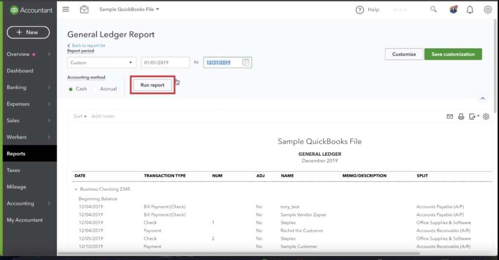 Running report in Quickbooks