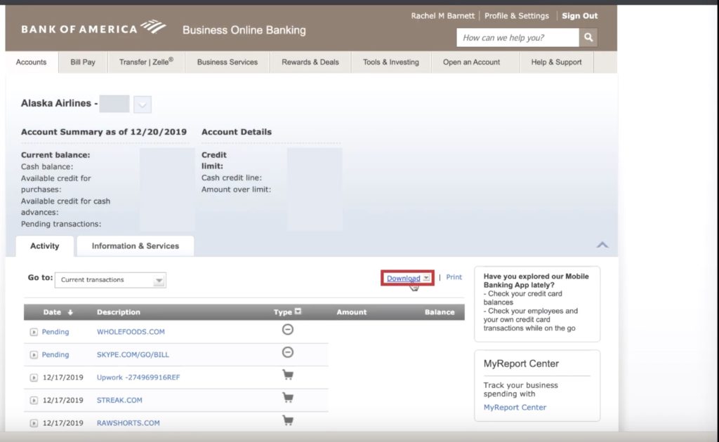 Downloading bank transactions in Quickbooks