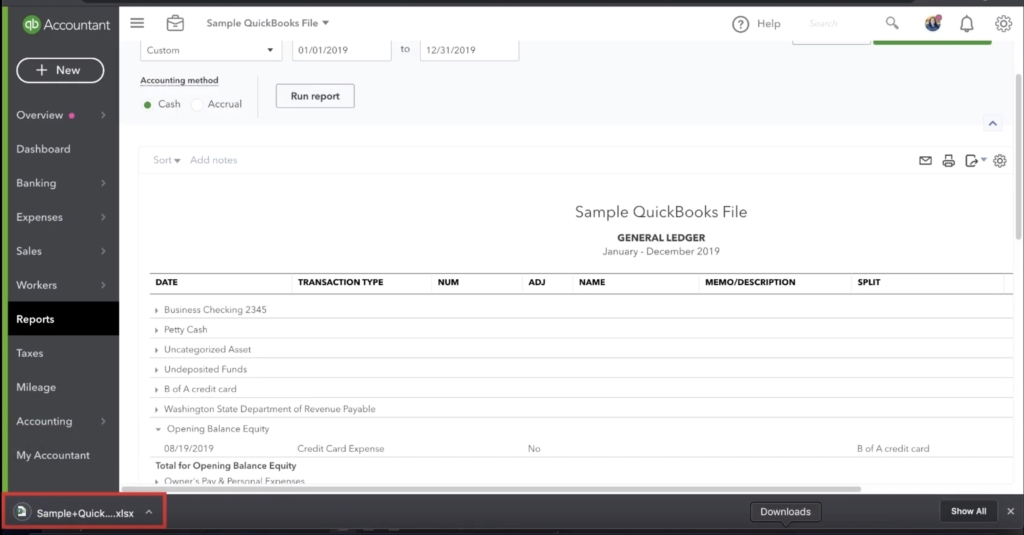 Data exported from Quickbooks