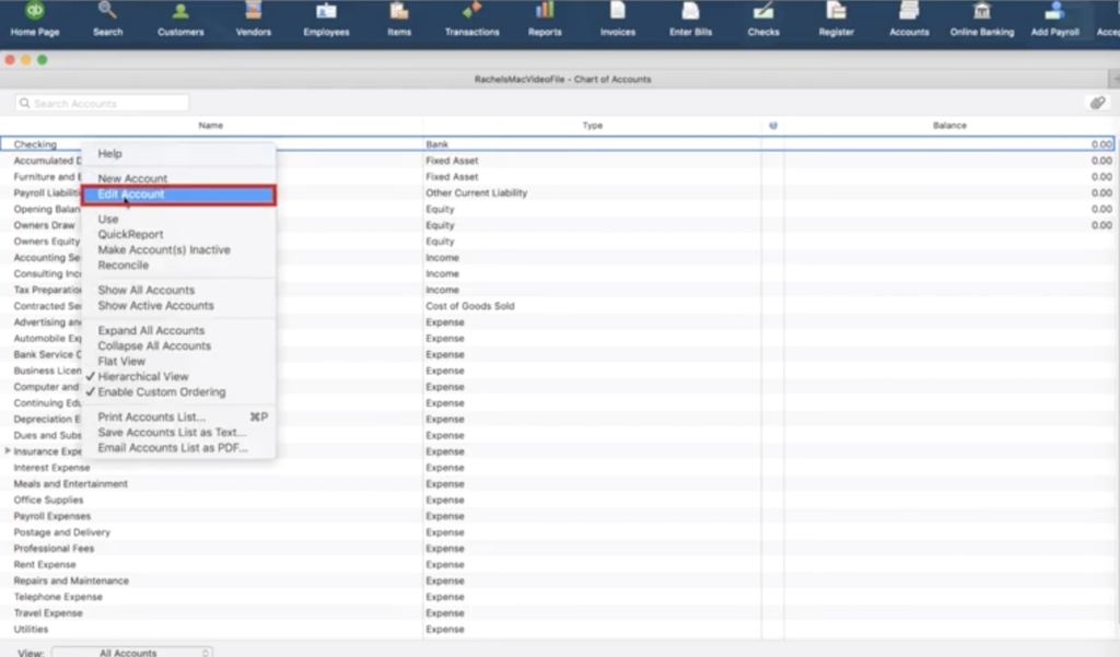 Edit an account in Quickbooks Desktop