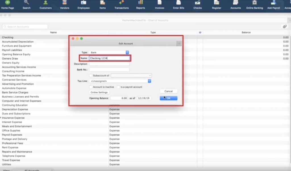 Changing account name in Quickbooks Desktop