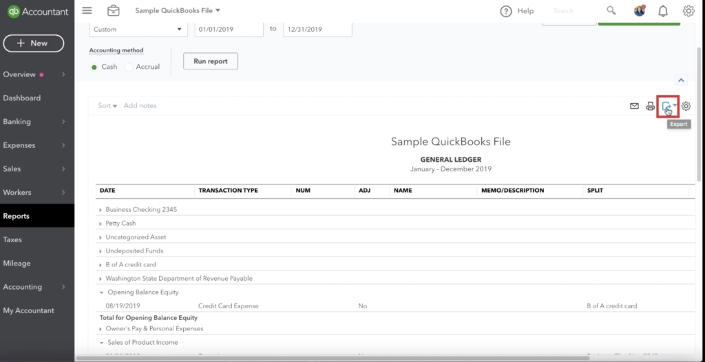 Export data from Quickbooks