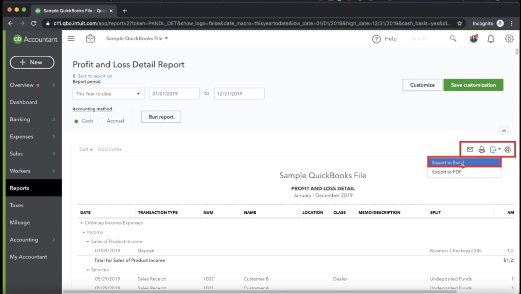 Exporting a Profit and Loss report