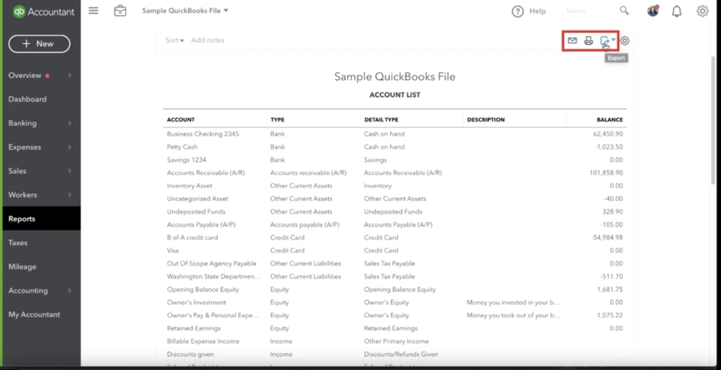 Exporting a report in Quickbooks