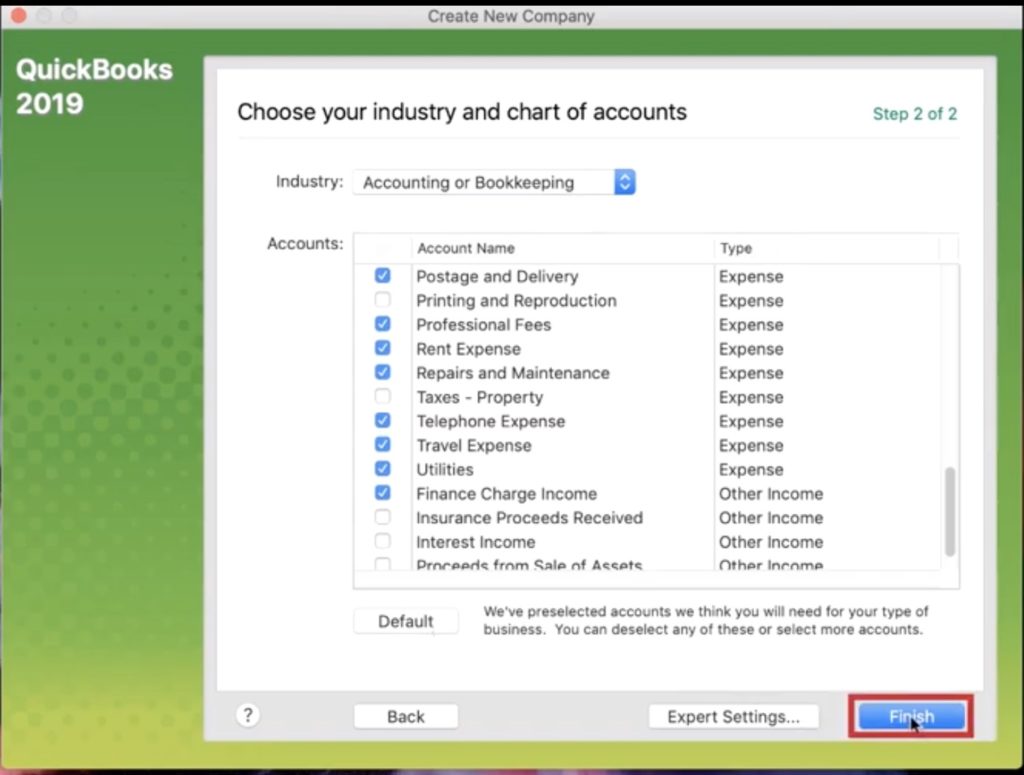 Selecting types of accounts in Quickbooks 2019