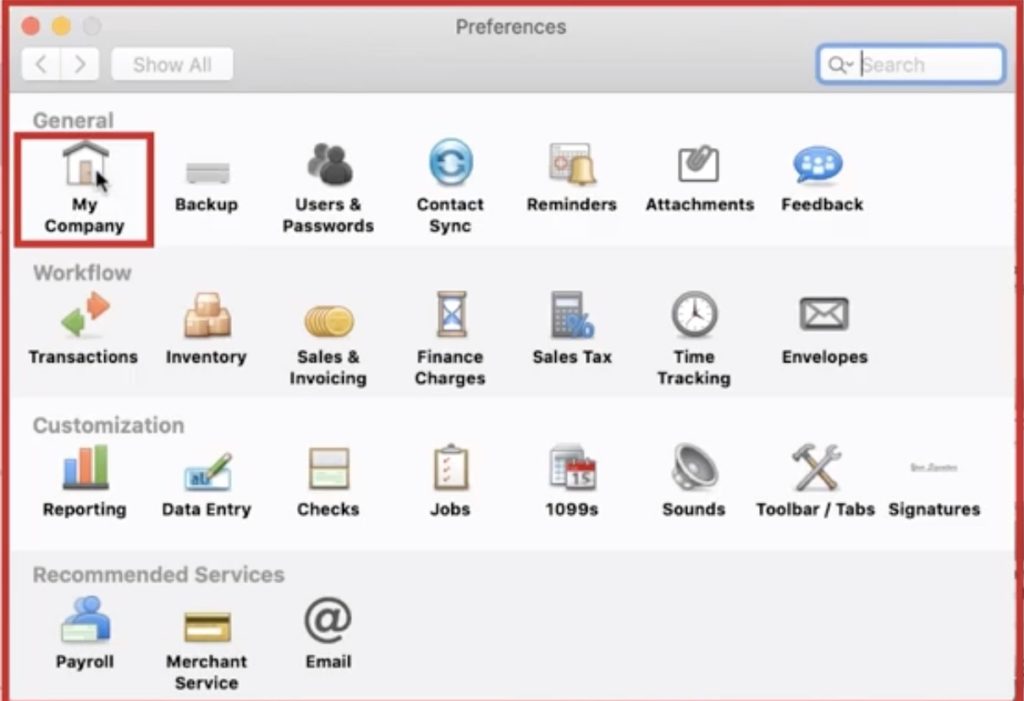 Selecting My Company in preferences in Quickbooks