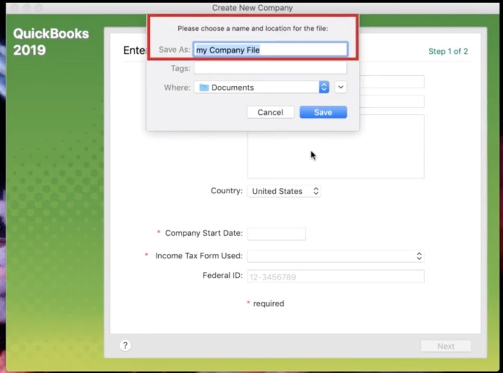 Naming a new Quickbooks file