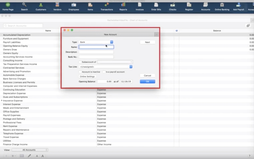 Adding an account in Quickbooks Desktop