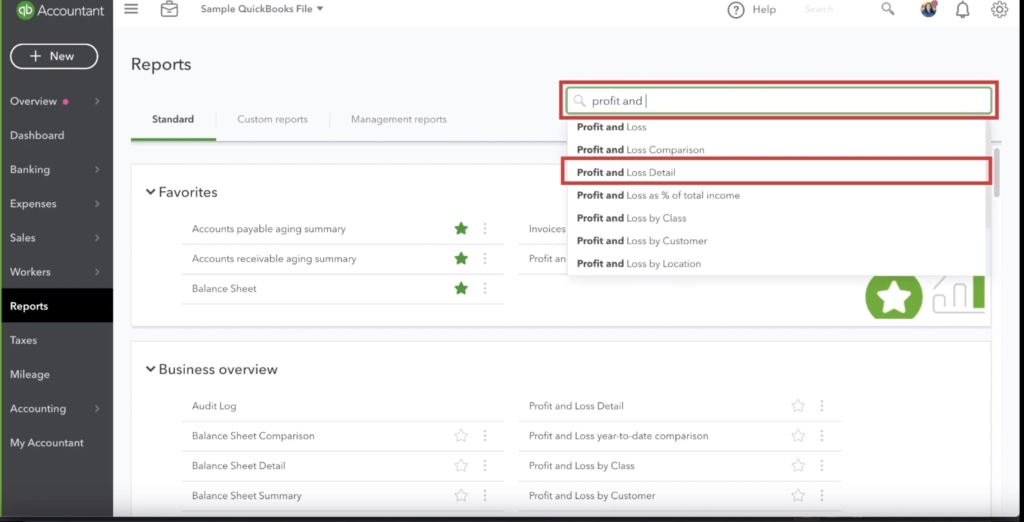 Finding the Profit and Loss report in Quickbooks