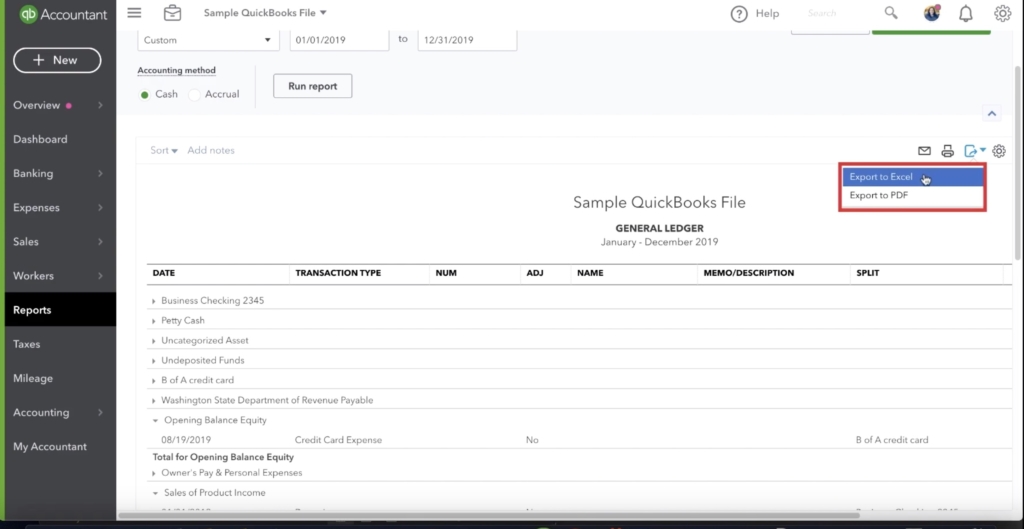 Export data from Quickbooks