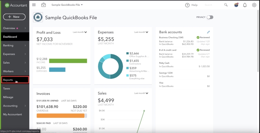 Navigating to Quickbooks Reports