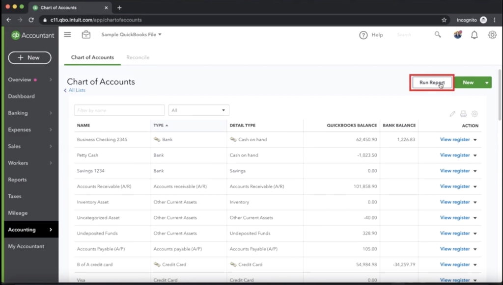 Run report in Quickbooks Chart of Accounts