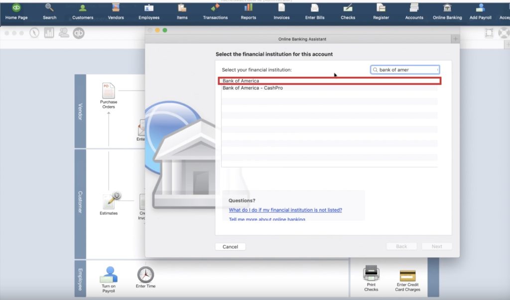 Find your bank in Quickbooks