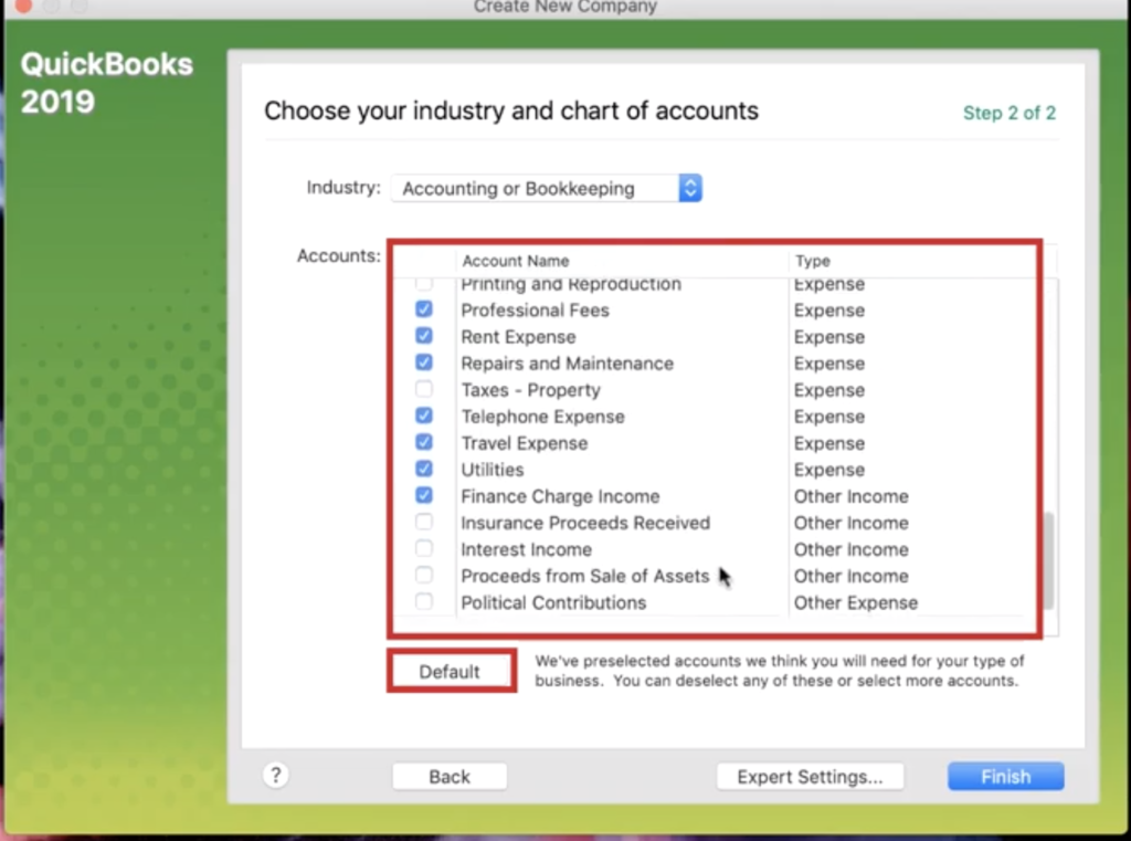 Checking off accounts in Quickbooks 2019