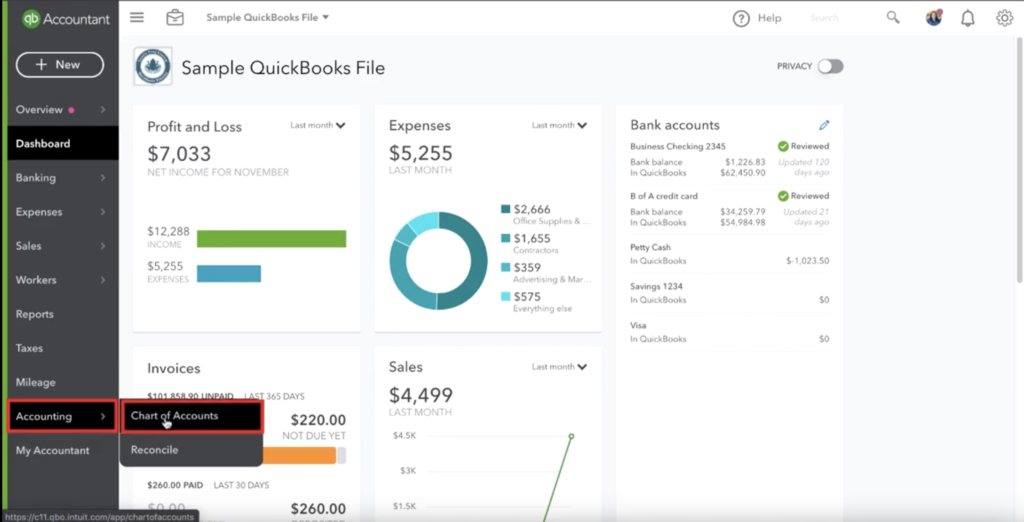 Navigating to the Chart of Accounts in Quickbooks
