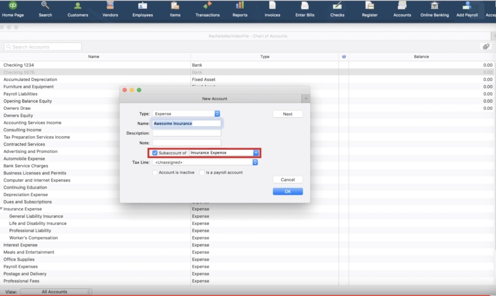 Replicating a subaccount in Quickbooks Desktop