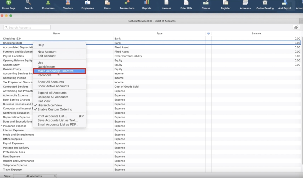 Making an account inactive in Quickbooks Desktop