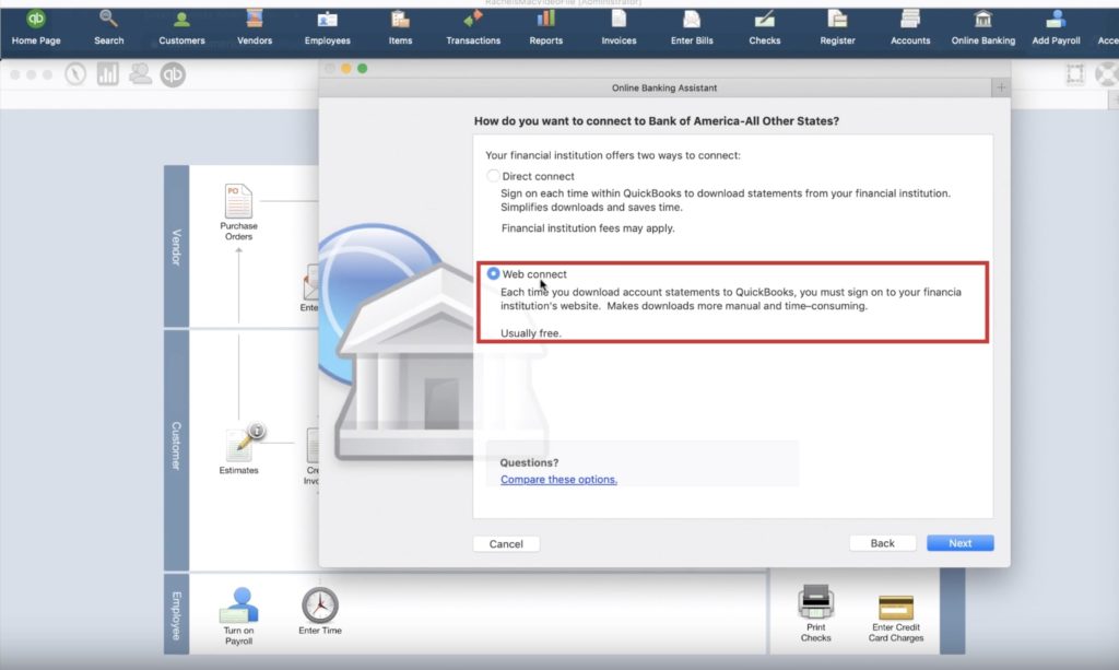 Web connect a bank in Quickbooks