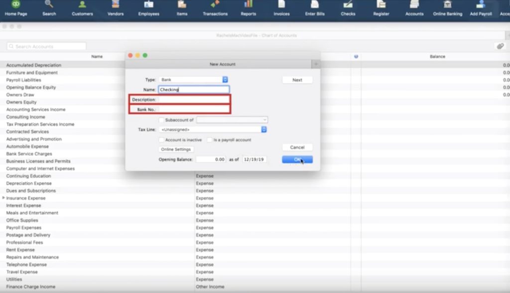 Naming a new account in Quickbooks Desktop