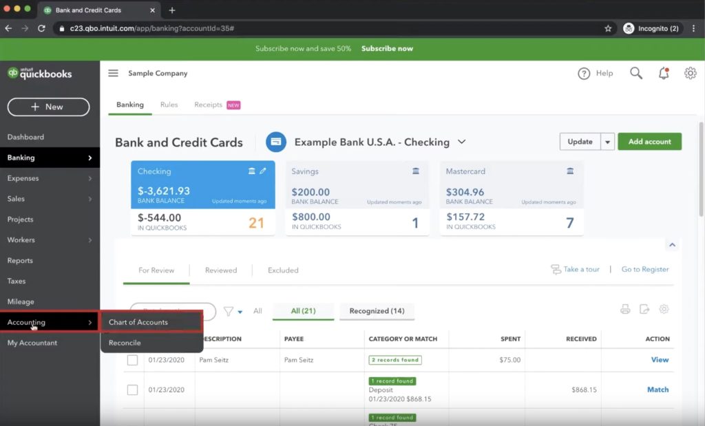 Navigating to the Chart of Accounts in Quickbooks