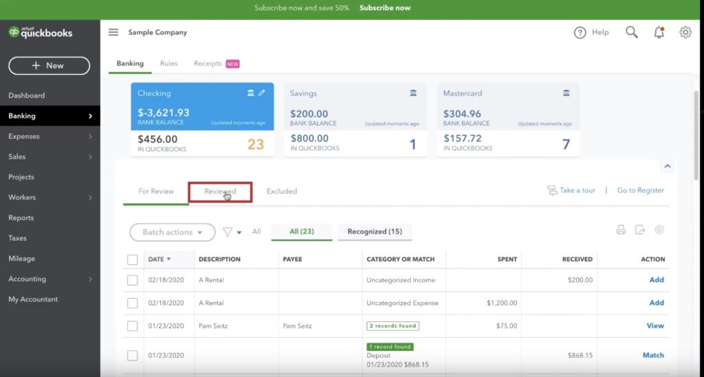 Reviewed tab in Quickbooks