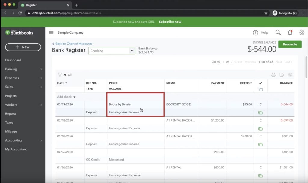 Edit an item in the register in Quickbooks