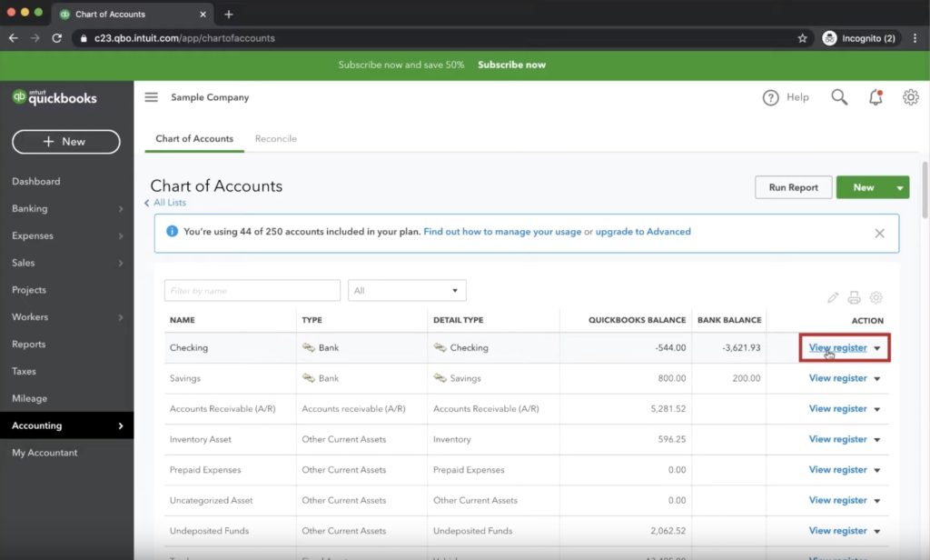 Viewing the register in Quickbooks