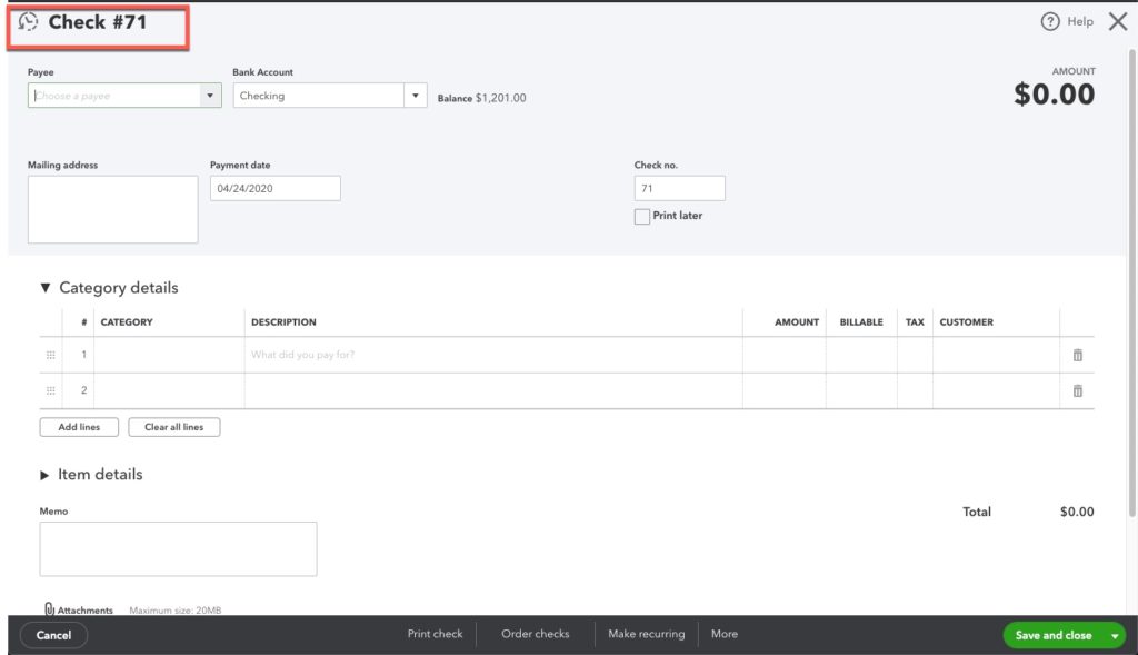 QuickBooks Online Check Intuit / QuickBooks Online image of a blank check.