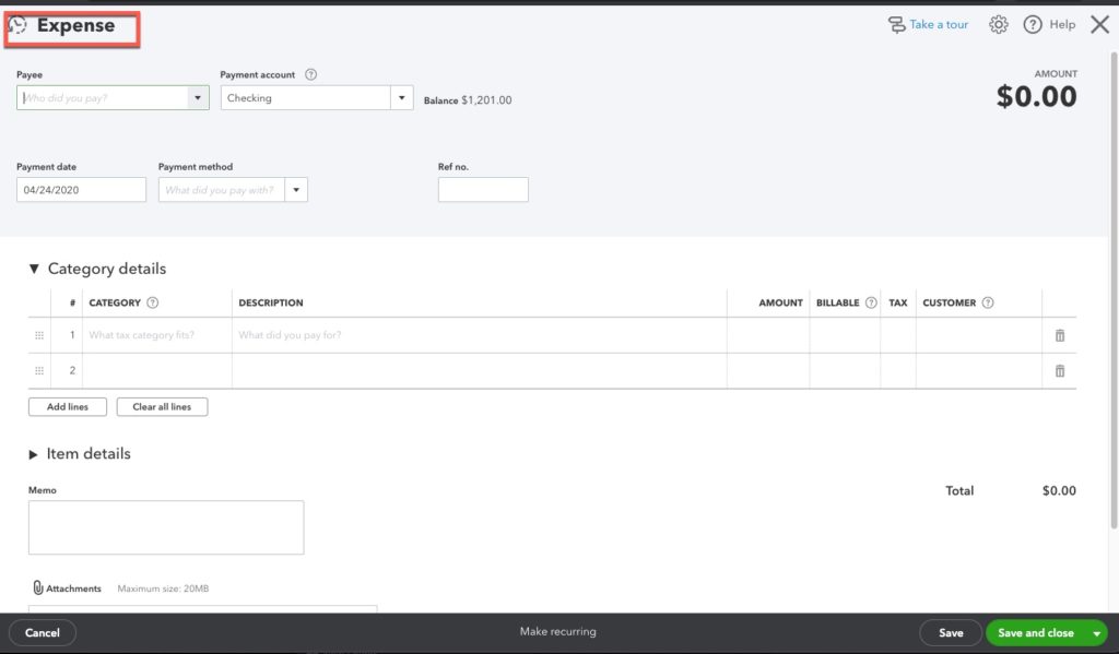 QuickBooks Online Expense Intuit / QuickBooks Online image of a blank expense.