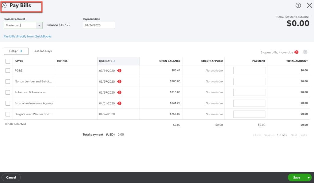 QuickBooks Online Pay Bills Intuit / QuickBooks Online image of a blank bill payment.