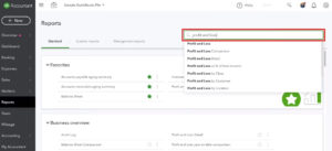 Searching reports for the Profit and Loss in Quickbooks Online.