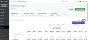 Exporting the Profit and Loss report to Excel in Quickbooks Online.