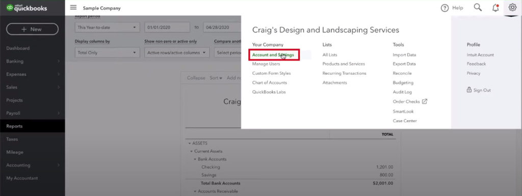 Quickbooks account settings