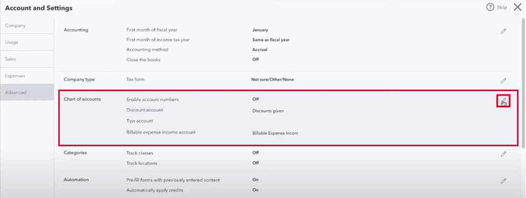 Quickbooks Chart of Accounts advanced setttings