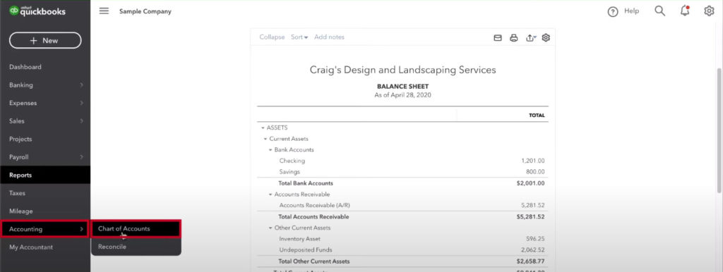 Quickbooks navigating to Chart of Accounts