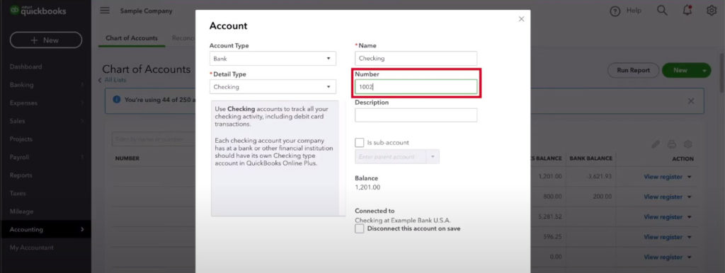 Quickbooks adding a number to an account