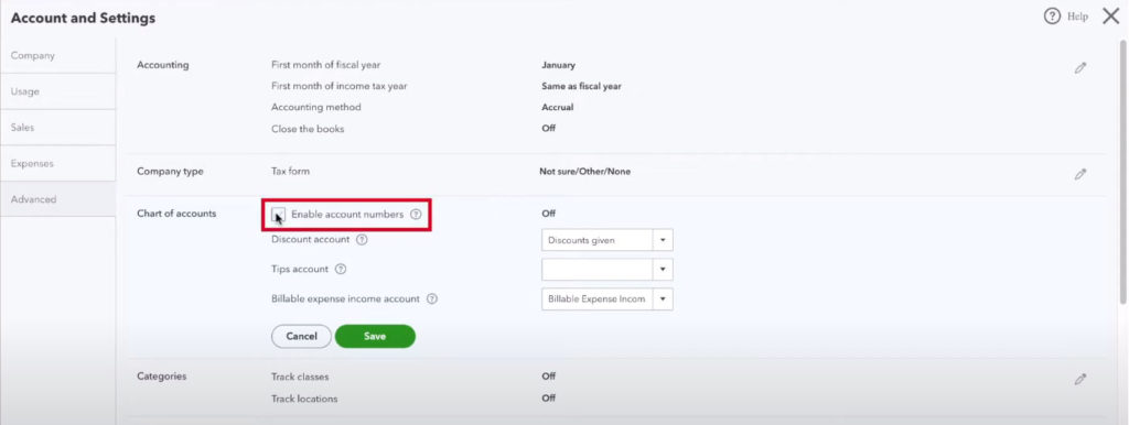 Quickbooks enabling account numbers in settings